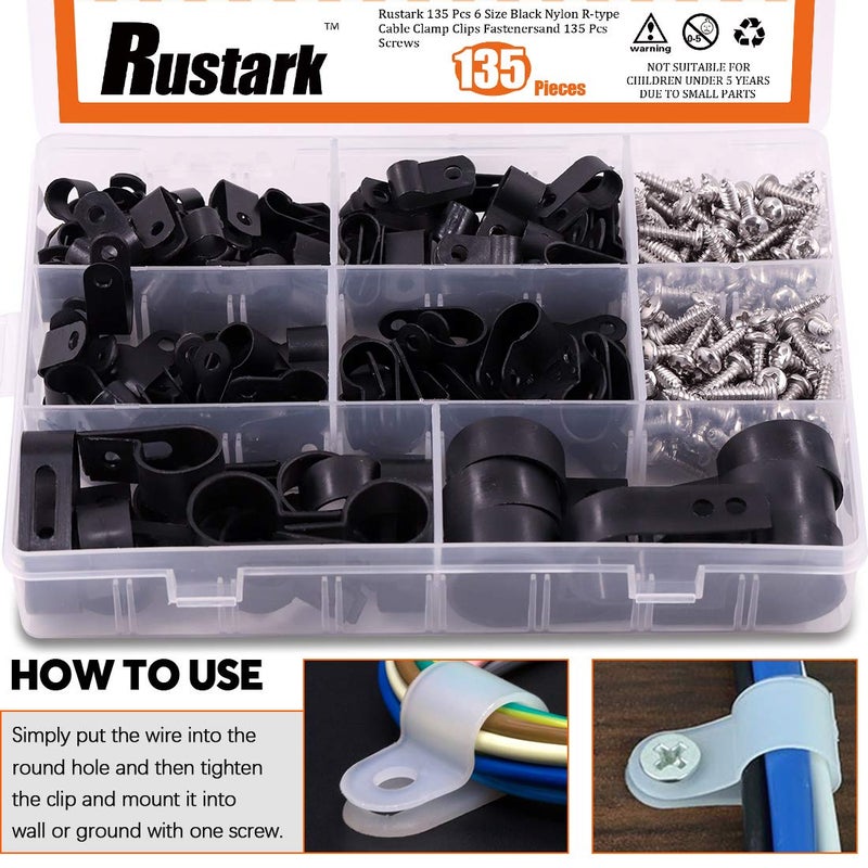 Rustark 135 Pcs 6 Size Black Nylon R-Type Cable Clamp Clips Fasteners Assortment kit with Mounting Screw and 135 Pcs Screws Organizer Cord Clips for Wire Management - Image 5